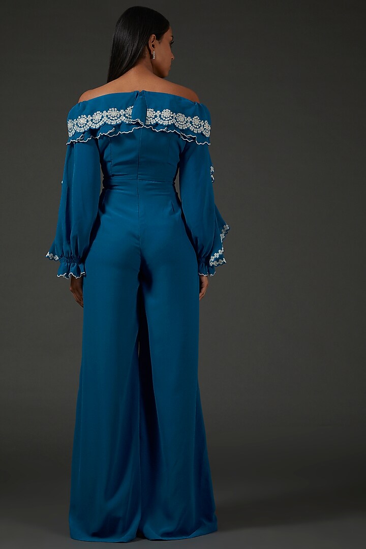Blue Georgette Embellished Scalloped Jumpsuit by Namrata Joshipura at Pernia's Pop Up Shop