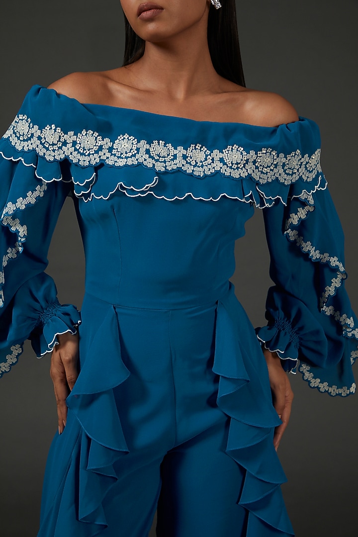 Blue Georgette Embellished Scalloped Jumpsuit by Namrata Joshipura at Pernia's Pop Up Shop