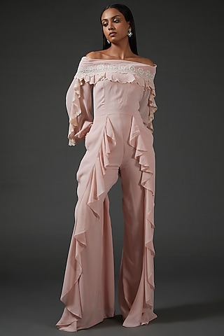 Peach Georgette Embellished Scalloped Jumpsuit by Namrata Joshipura