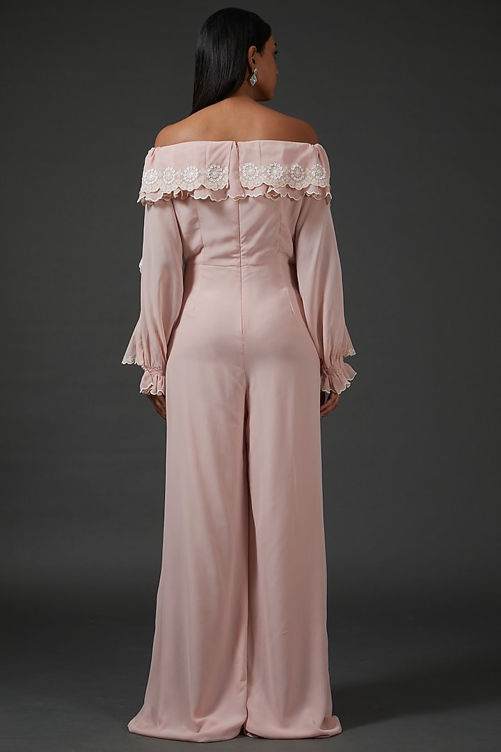 Peach Georgette Embellished Scalloped Jumpsuit by Namrata Joshipura at Pernia's Pop Up Shop