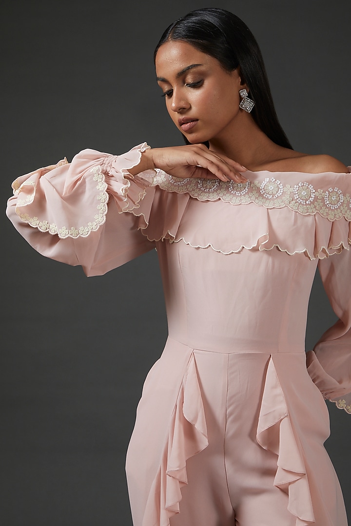 Peach Georgette Embellished Scalloped Jumpsuit by Namrata Joshipura at Pernia's Pop Up Shop