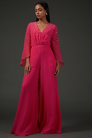 Red Georgette Embellished Jumpsuit by Namrata Joshipura