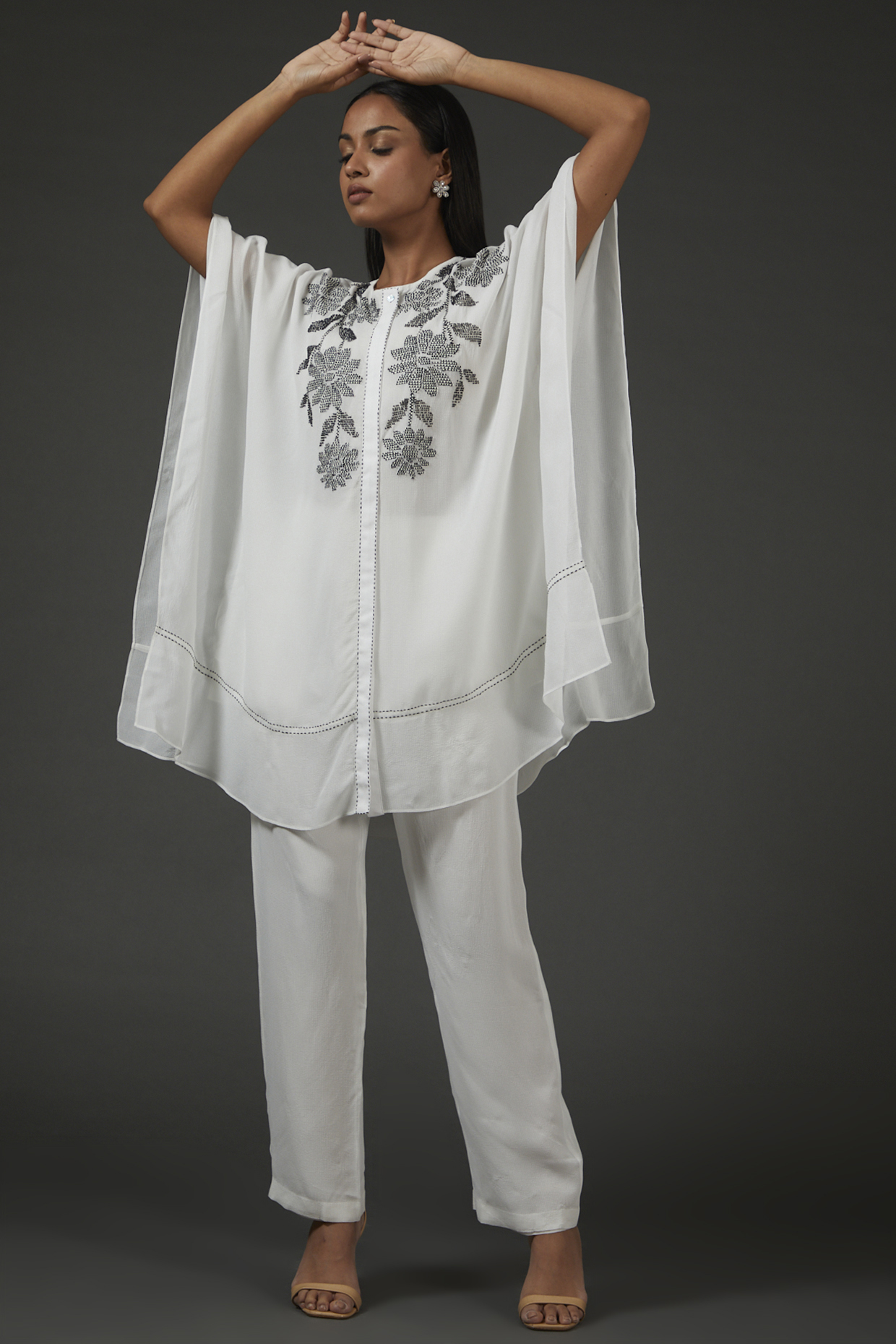 White Texture Georgette Embroidered Kaftan Set by Namrata Joshipura at Pernia's Pop Up Shop