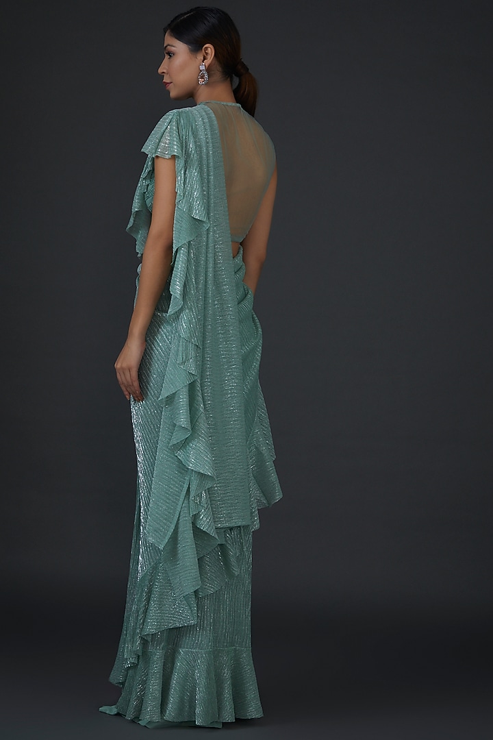 Green Shimmer Crepe Embellished Draped Wedding Saree Set by Namrata Joshipura at Pernia's Pop Up Shop