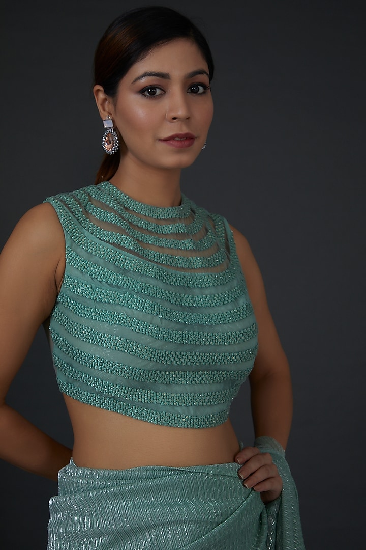 Green Shimmer Crepe Embellished Draped Wedding Saree Set by Namrata Joshipura at Pernia's Pop Up Shop