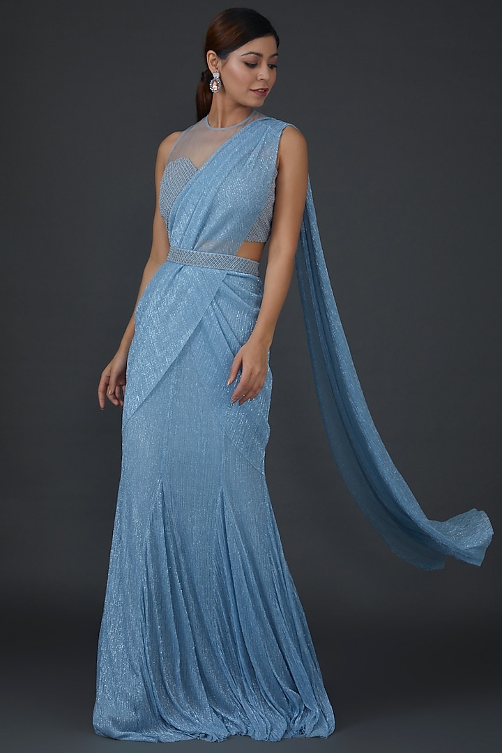 Blue Shimmer Crepe Embellished Draped Saree Set by Namrata Joshipura