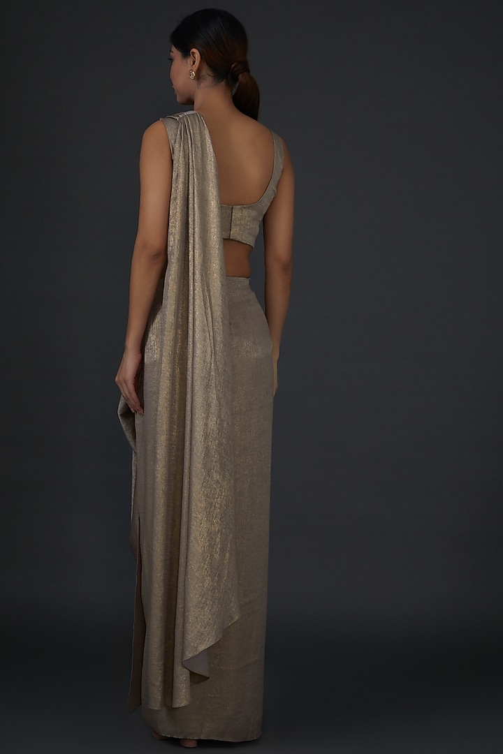 Gold Shimmer Satin Embellished Draped Wedding Saree Set by Namrata Joshipura at Pernia's Pop Up Shop