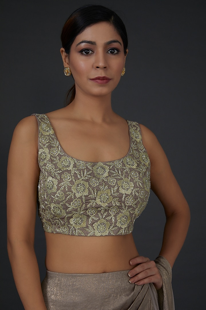 Gold Shimmer Satin Embellished Draped Wedding Saree Set by Namrata Joshipura at Pernia's Pop Up Shop