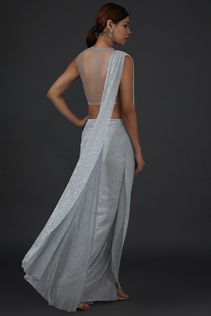 Silver Shimmer Crepe Embellished Draped Wedding Saree Set by Namrata Joshipura at Pernia's Pop Up Shop