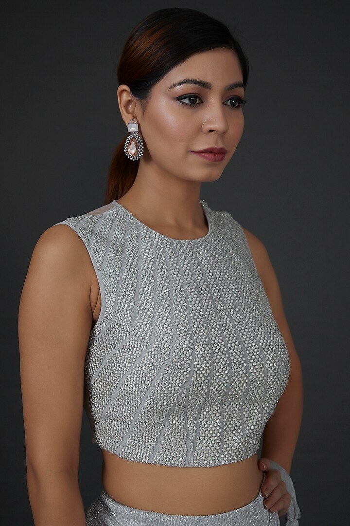 Silver Shimmer Crepe Embellished Draped Wedding Saree Set by Namrata Joshipura at Pernia's Pop Up Shop