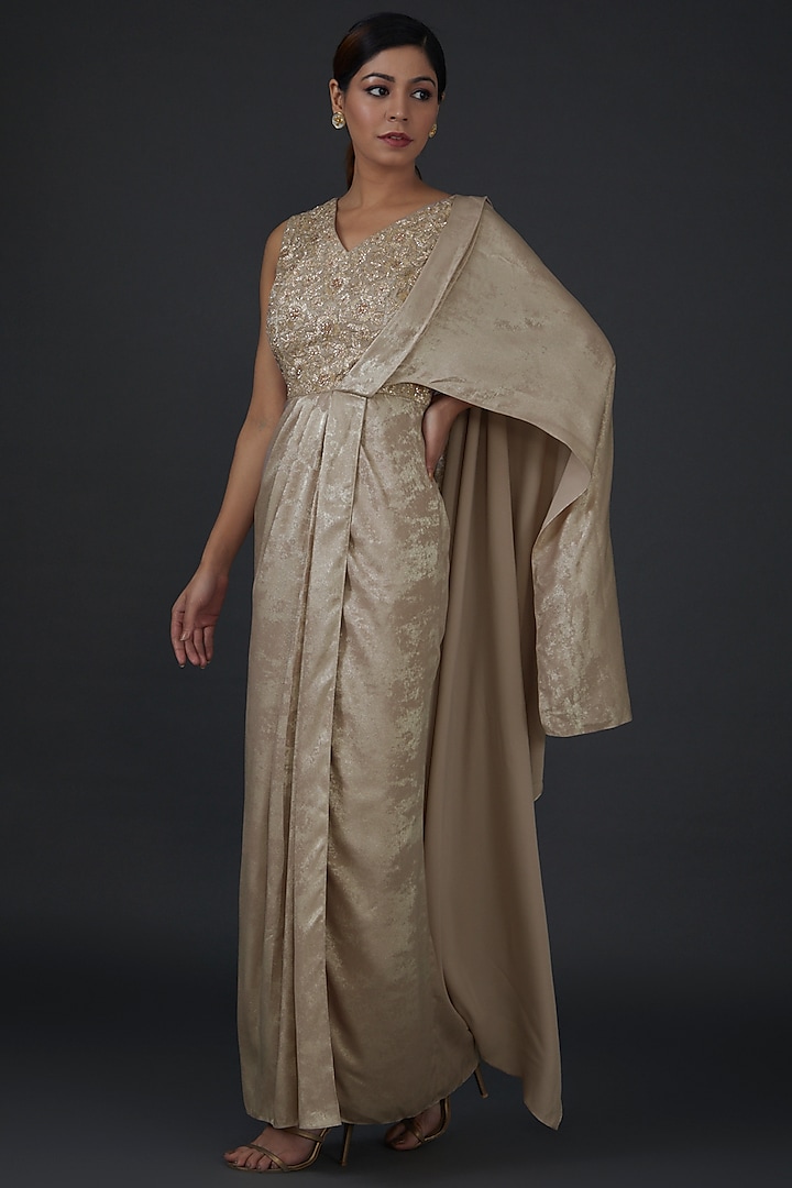 Beige Shimmer Satin Embellished Draped Dress by Namrata Joshipura