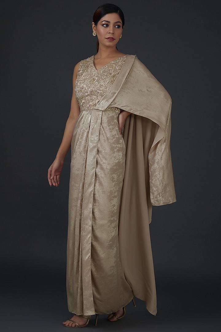 Beige Shimmer Satin Embellished Draped Dress by Namrata Joshipura at Pernia's Pop Up Shop