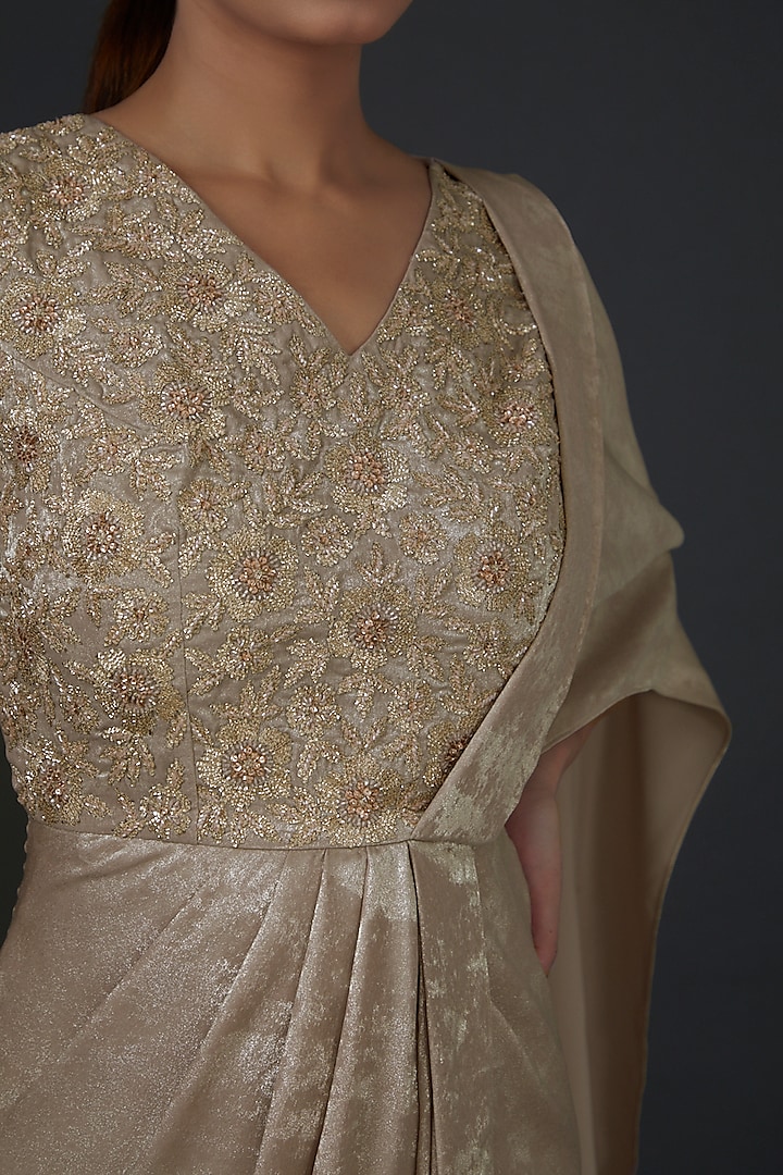 Beige Shimmer Satin Embellished Draped Party Wear Dress by Namrata Joshipura at Pernia's Pop Up Shop