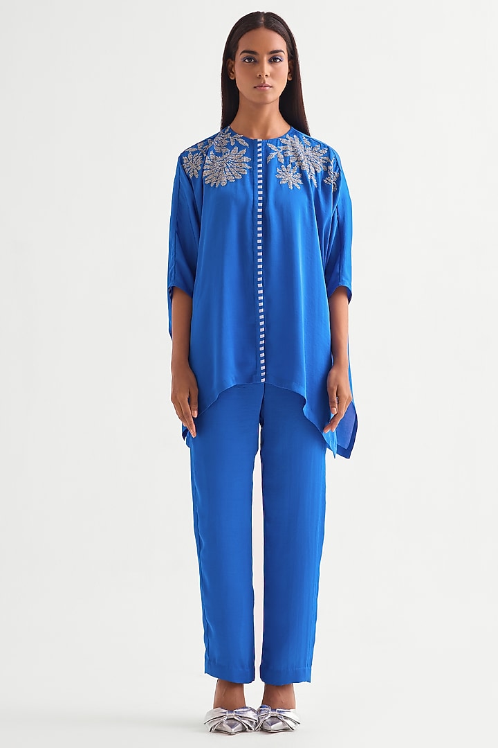 German Blue Satin Co-Ord Set by Namrata Joshipura at Pernia's Pop Up Shop