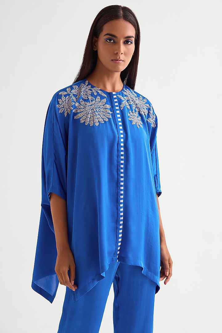 German Blue Satin Co-Ord Set by Namrata Joshipura at Pernia's Pop Up Shop