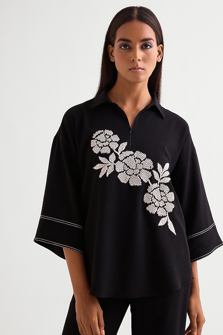 Black Textured Crepe Co-Ord Set by Namrata Joshipura at Pernia's Pop Up Shop