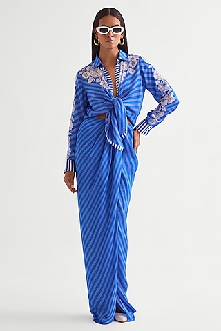 German Blue Satin Skirt Set by Namrata Joshipura
