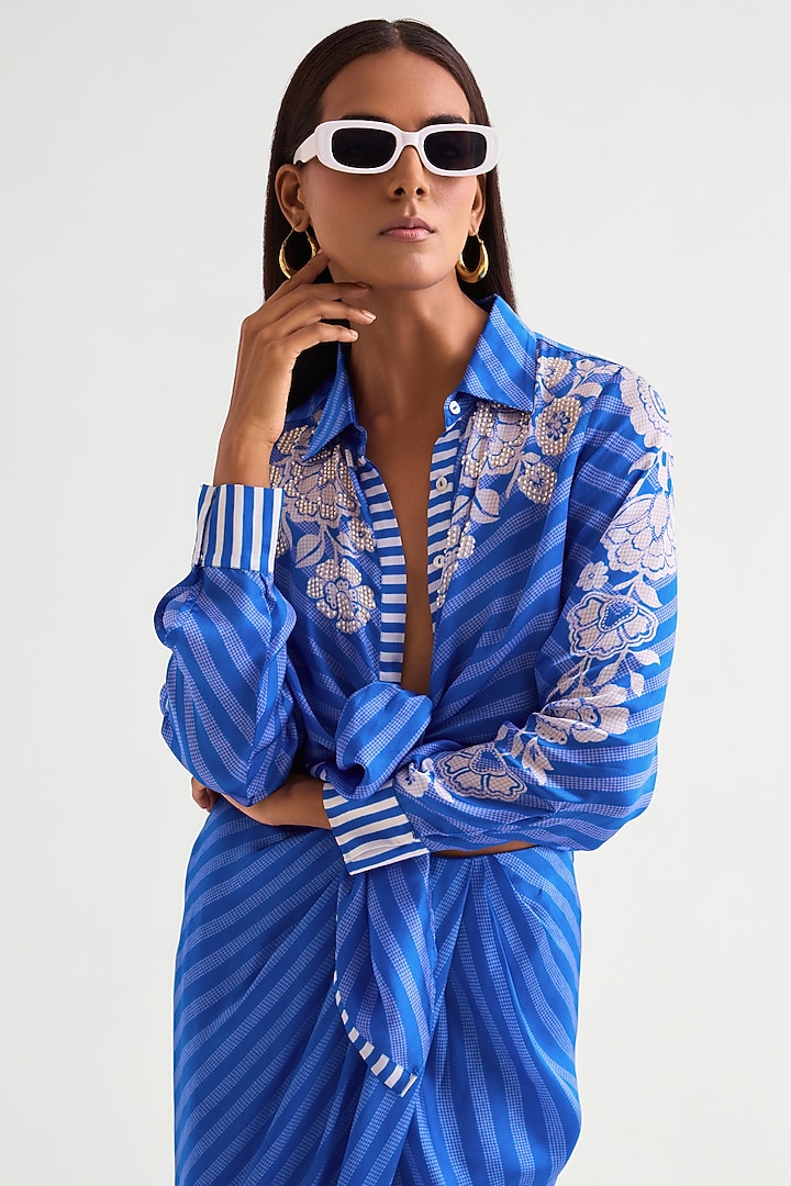 German Blue Satin Skirt Set by Namrata Joshipura at Pernia's Pop Up Shop