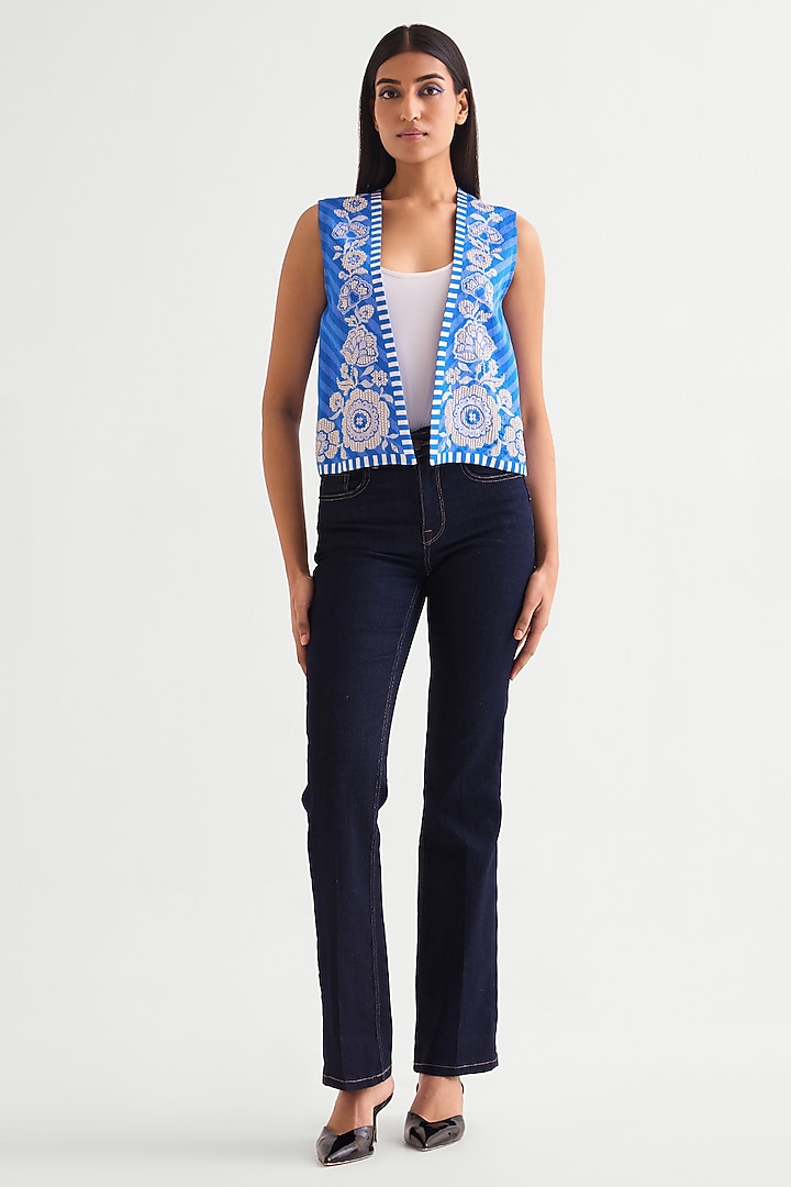 German Blue Satin Jacket by Namrata Joshipura at Pernia's Pop Up Shop
