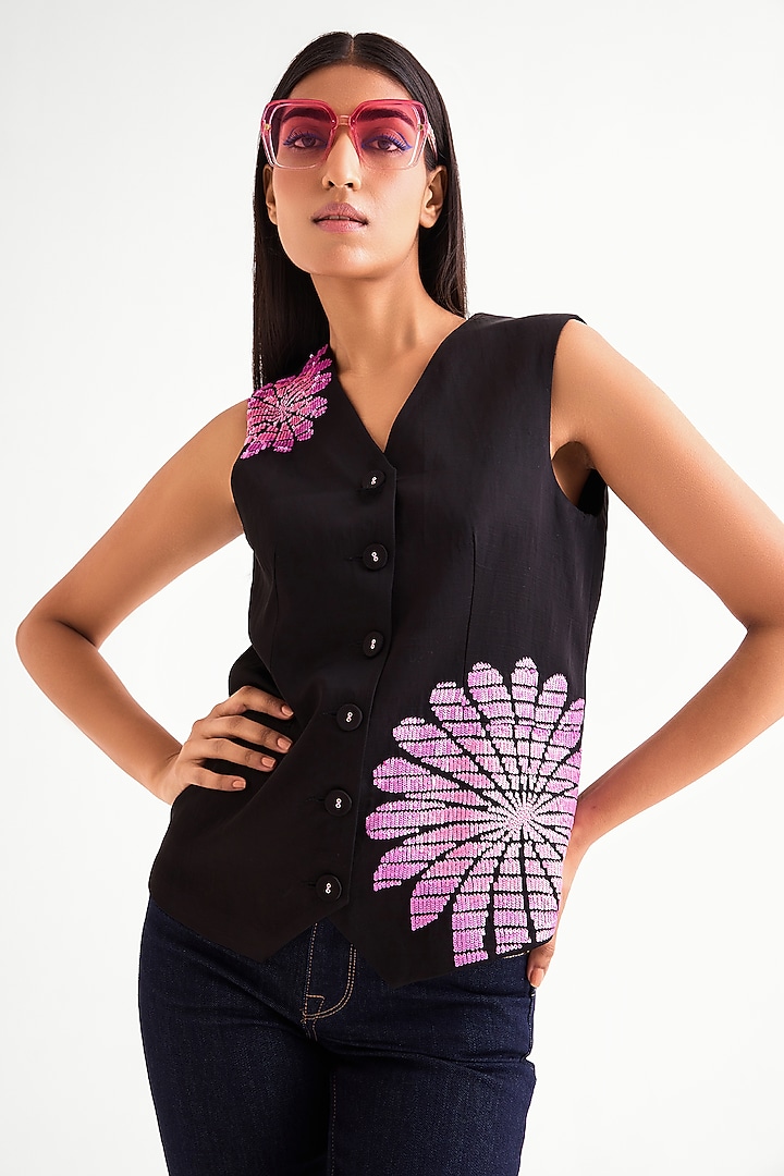 Black Linen Satin Sleeveless Vest Jacket by Namrata Joshipura at Pernia's Pop Up Shop
