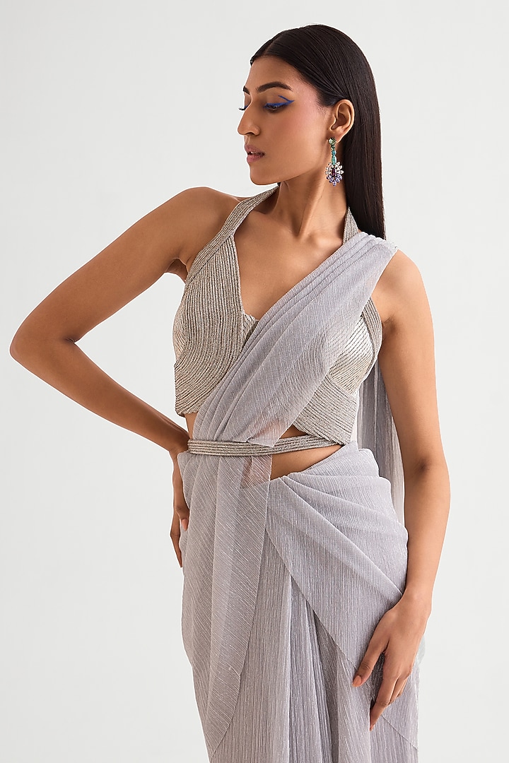 Sterling Silver Shimmer Crepe Draped Wedding Saree Set by Namrata Joshipura at Pernia's Pop Up Shop
