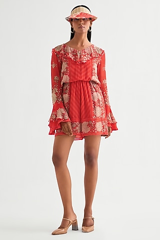 Red Georgette Frilled Romper by Namrata Joshipura
