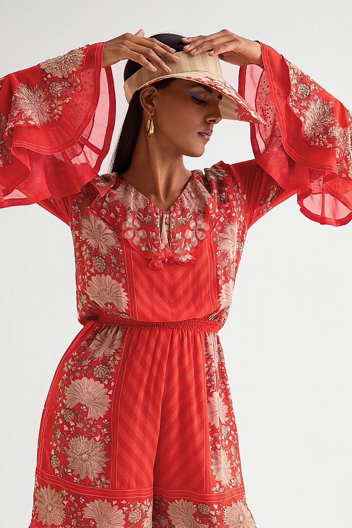 Red Georgette Frilled Romper by Namrata Joshipura at Pernia's Pop Up Shop
