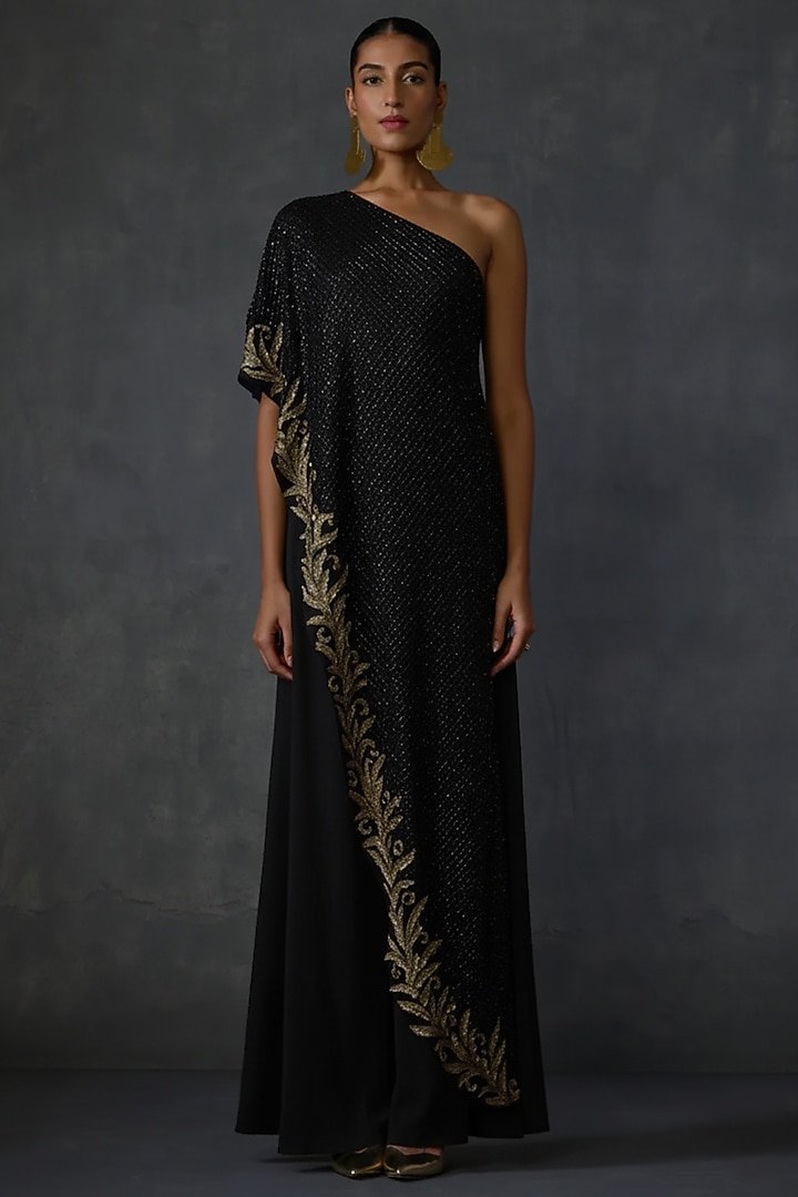 Black Jersey Embellished Off-Shoulder Jumpsuit by Namrata Joshipura at Pernia's Pop Up Shop