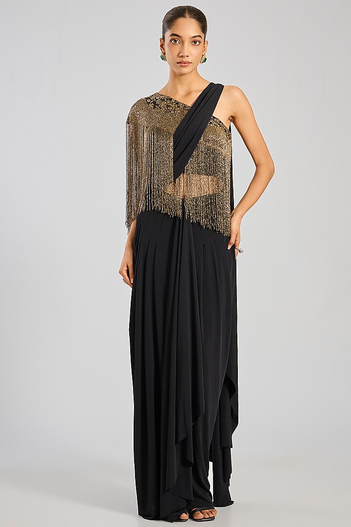 Black Jersey Draped Reception Saree Set by Namrata Joshipura at Pernia's Pop Up Shop