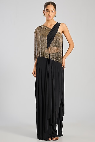 Black Jersey Draped Saree Set by Namrata Joshipura