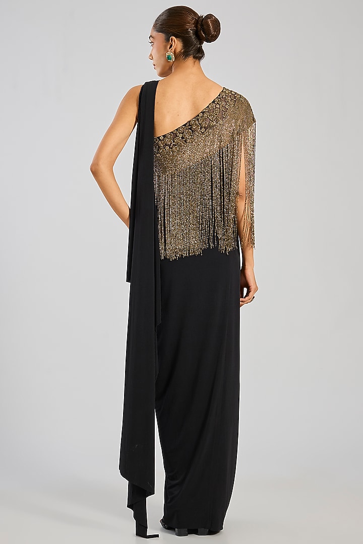 Black Jersey Draped Reception Saree Set by Namrata Joshipura at Pernia's Pop Up Shop