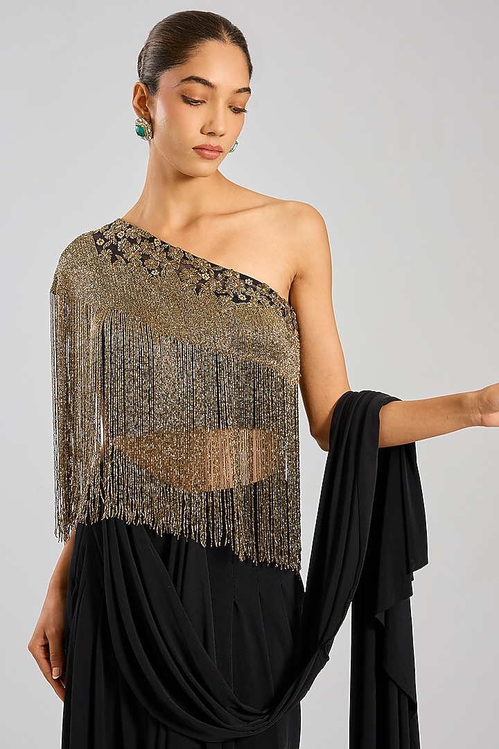 Black Jersey Draped Reception Saree Set by Namrata Joshipura at Pernia's Pop Up Shop