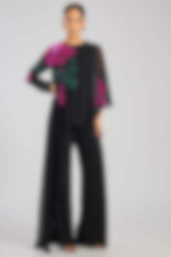 Black Jersey Floral Hand Embellished Jumpsuit by Namrata Joshipura at Pernia's Pop Up Shop