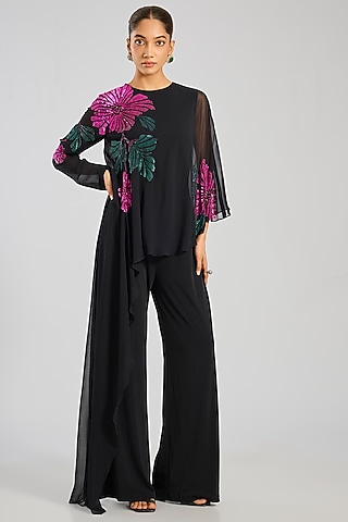 Black Jersey Floral Hand Embellished Jumpsuit by Namrata Joshipura
