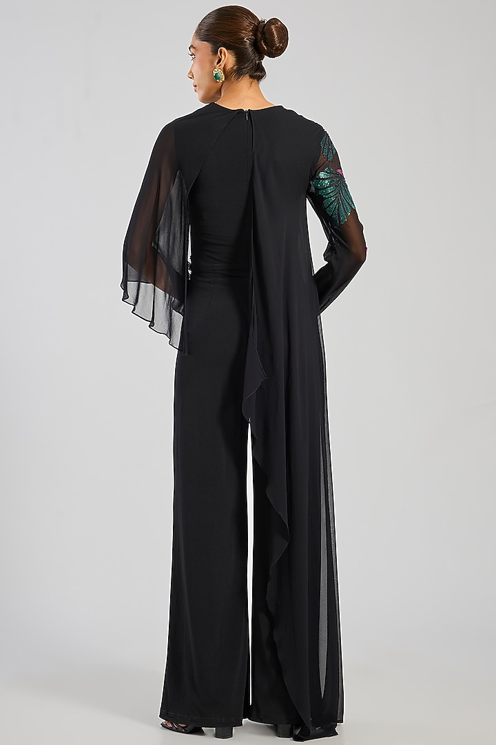 Black Jersey Floral Hand Embellished Jumpsuit by Namrata Joshipura at Pernia's Pop Up Shop