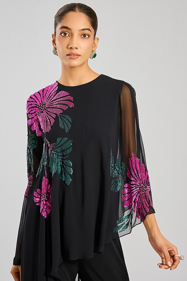 Black Jersey Floral Hand Embellished Jumpsuit by Namrata Joshipura at Pernia's Pop Up Shop