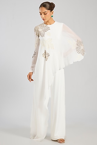Ivory Jersey Floral Hand Embellished Jumpsuit by Namrata Joshipura