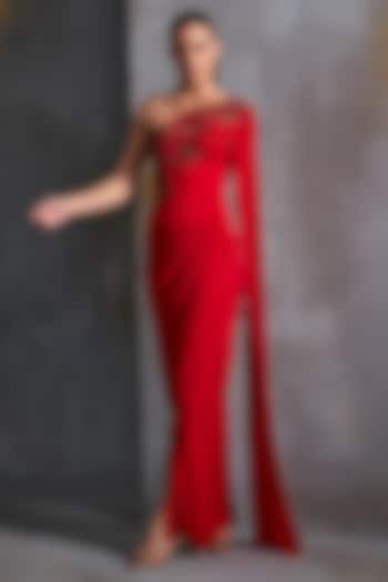 Scarlet Jersey Hand Embellished Off-Shoulder Engagement Gown by Namrata Joshipura at Pernia's Pop Up Shop