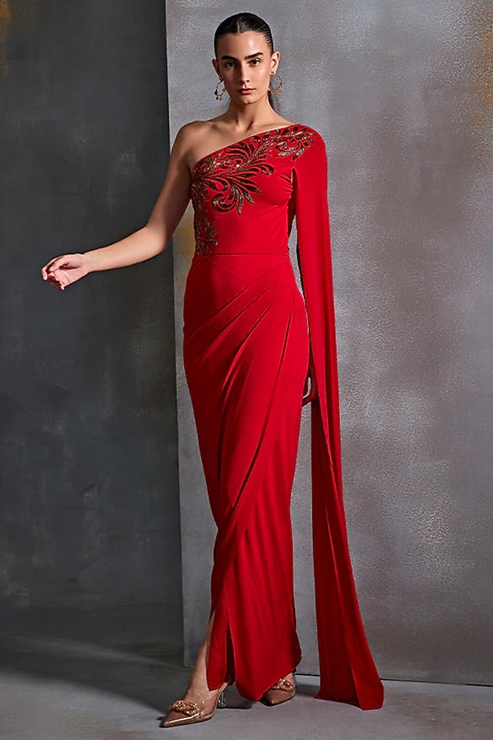 Scarlet Jersey Hand Embellished Off-Shoulder Engagement Gown by Namrata Joshipura at Pernia's Pop Up Shop