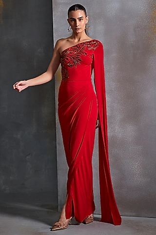 Scarlet Jersey Hand Embellished Off-Shoulder Gown by Namrata Joshipura