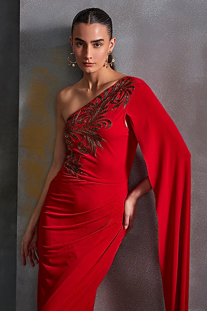 Scarlet Jersey Hand Embellished Off-Shoulder Engagement Gown by Namrata Joshipura at Pernia's Pop Up Shop