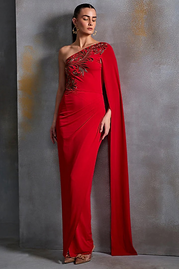 Scarlet Jersey Hand Embellished Off-Shoulder Engagement Gown by Namrata Joshipura at Pernia's Pop Up Shop