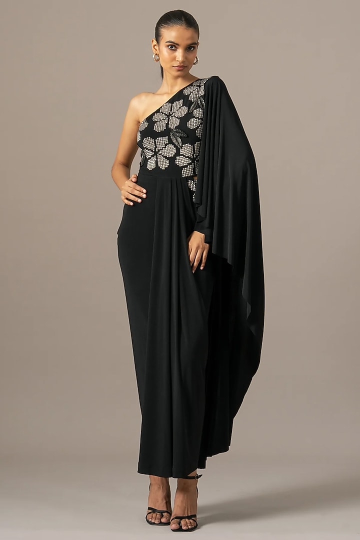 Black Jersey One-Shoulder Engagement Gown by Namrata Joshipura at Pernia's Pop Up Shop