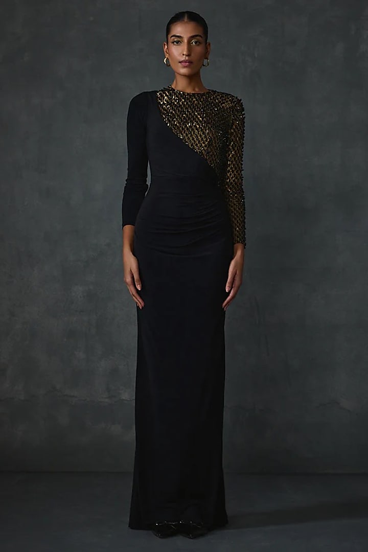 Black Jersey Geometric Hand Embellished Fitted Engagement Gown by Namrata Joshipura at Pernia's Pop Up Shop