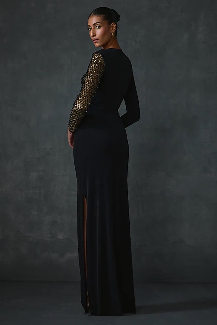 Black Jersey Geometric Hand Embellished Fitted Engagement Gown by Namrata Joshipura at Pernia's Pop Up Shop