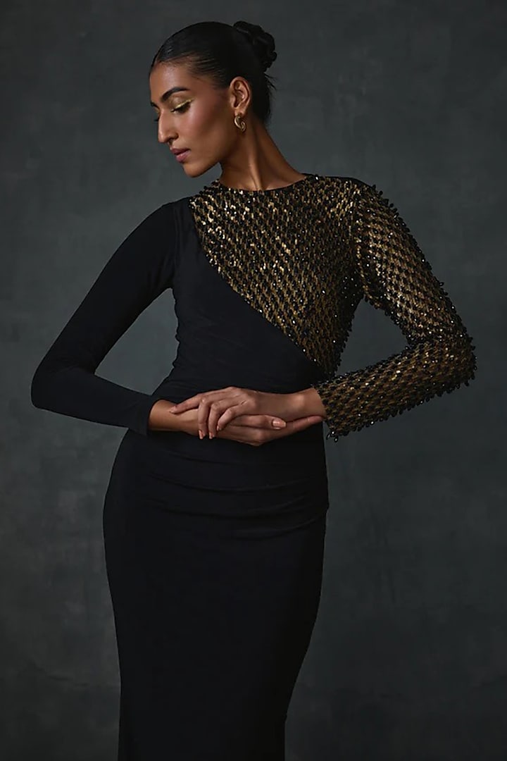 Black Jersey Geometric Hand Embellished Fitted Engagement Gown by Namrata Joshipura at Pernia's Pop Up Shop