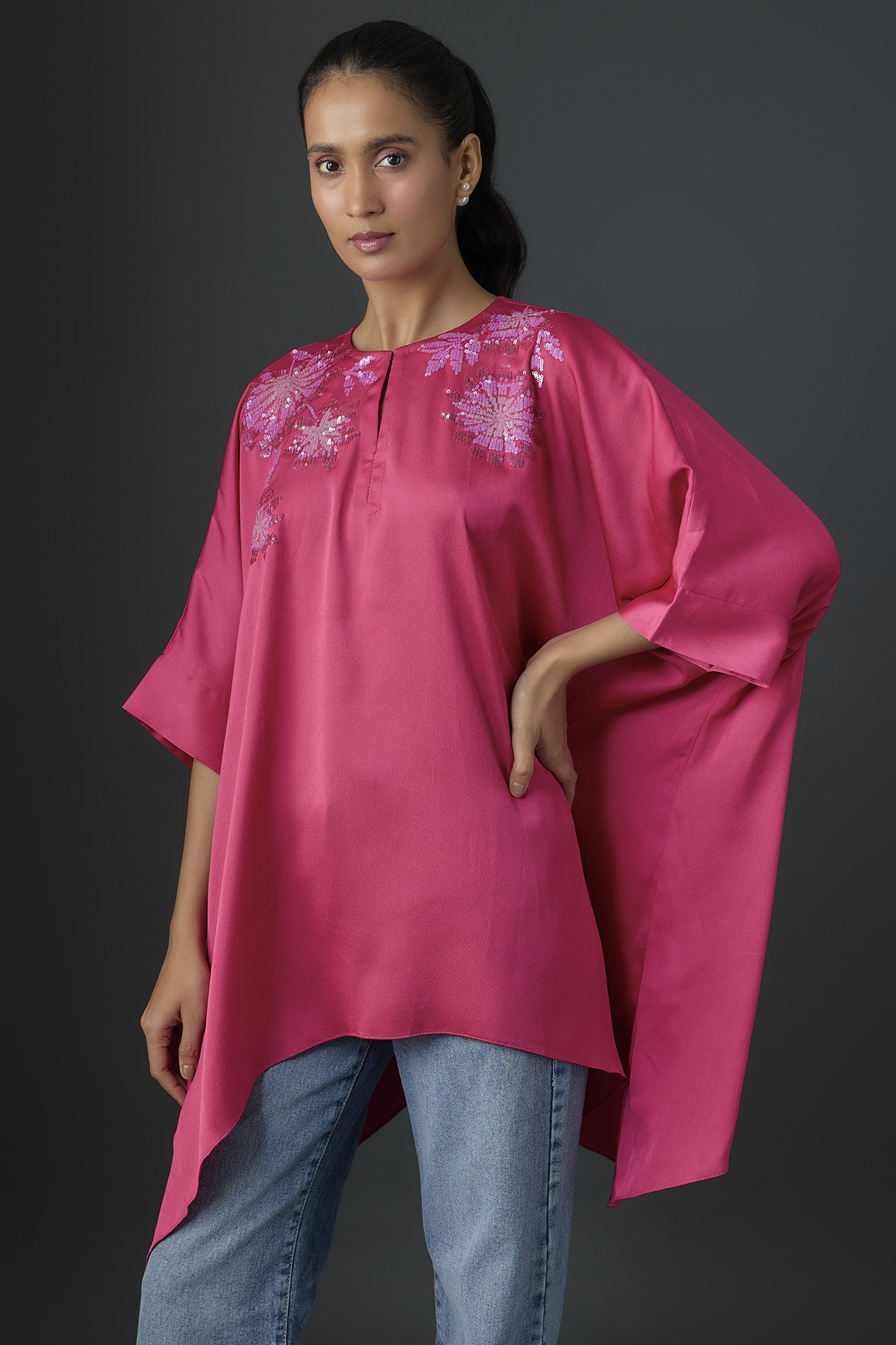Fuchsia Satin Handkerchief Tunic by Namrata Joshipura at Pernia's Pop Up Shop