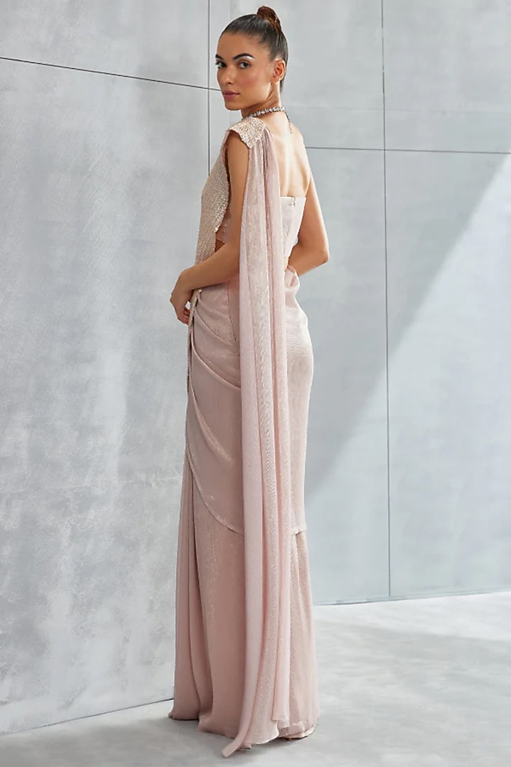 English Rose Shimmer Chiffon Hand Embellished Draped Reception Saree Set by Namrata Joshipura at Pernia's Pop Up Shop