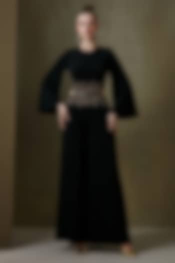 Black Jersey Hand Embellished Wide-Legged Jumpsuit by Namrata Joshipura at Pernia's Pop Up Shop