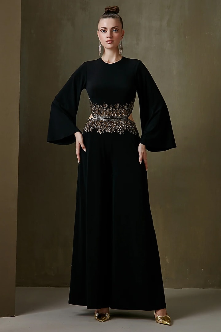 Black Jersey Hand Embellished Wide-Legged Jumpsuit by Namrata Joshipura at Pernia's Pop Up Shop